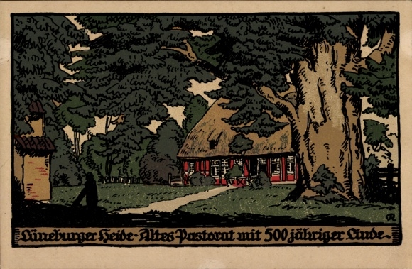 Steindruck Künstler Ak Lüneburger Heide, altes Postamt mit 500 jähriger Linde