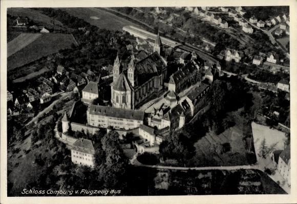 Postcard Comburg Schwäbisch Hall in Württemberg, Comburg Castle from the air, surroundings with residential buildings