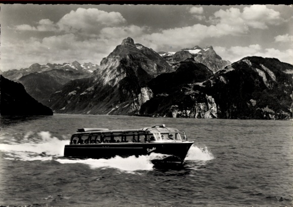 Postcard Lake Lucerne, Express traffic boat Libelle, Urirotstock