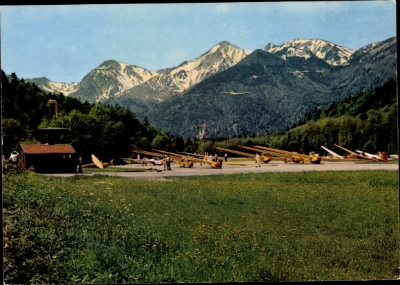 Postcard Unterwössen in Upper Bavaria, Chiemgau, German Alpine gliding school, panorama, gliders