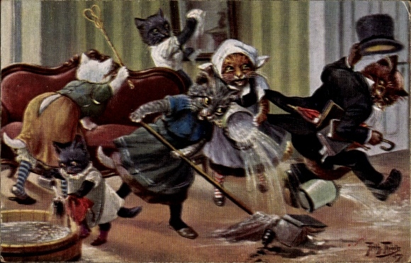 Artist Postcard Thiele, Arthur, Humanized cats cleaning the house