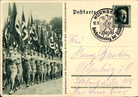 Postal stationery Postcard Nuremberg, Reich Party Rally of the NSDAP 1937, SA men with flags