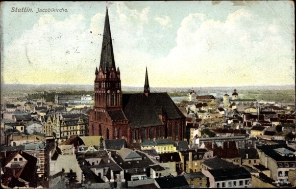 Postcard Szczecin Stettin Pomerania, Jacobi Church, view of the town