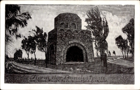 Künstler Ak Ricken, Paul, Oberwiesenthal im Erzgebirge Sachsen, Turm der Bundestreue, Neues Haus
