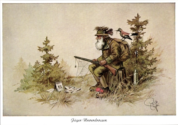 Artist Postcard Geilfus, H., Hunter Undaunted, hunter waits for days for game, grows together with nature