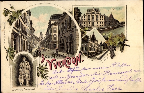 Chromo-Litho Yverdon les Bains Kanton Waadt, Bathing Establishment, Barracks, Pestalozzi Monument
