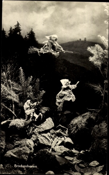 Photo Postcard Brocken witches flying on brooms, dolls