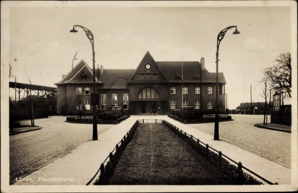 Postcard Lünen in Westphalia, main station from the street, forecourt, green areas