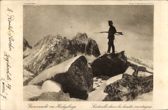 Postcard Switzerland, border guard in the high mountains