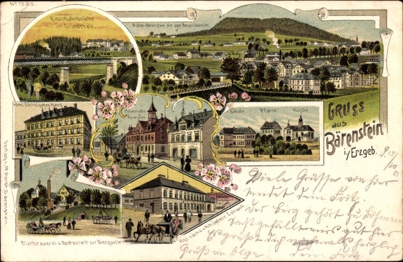 Chromo-Litho Bärenstein Altenberg Erzgebirge school, parish, church, total view