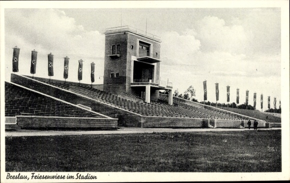 Postcard Wrocław Breslau Silesia, Friesenwiese in the stadium, NS festive decorations