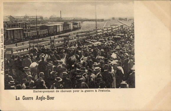 Ak Burenkrieg, Bahnhof Pretoria, Verladen von Pferden