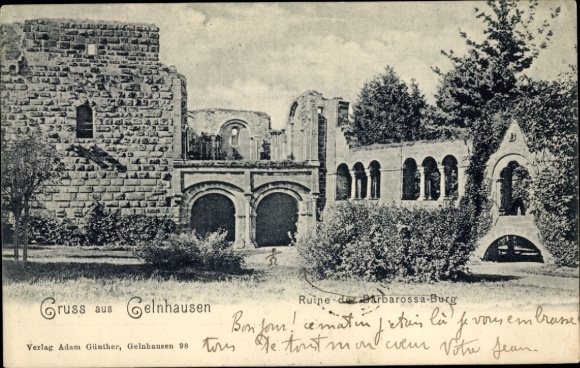 PC Gelnhausen in Hesse, ruins of the Barbarossa Castle, greetings from Gelnhausen