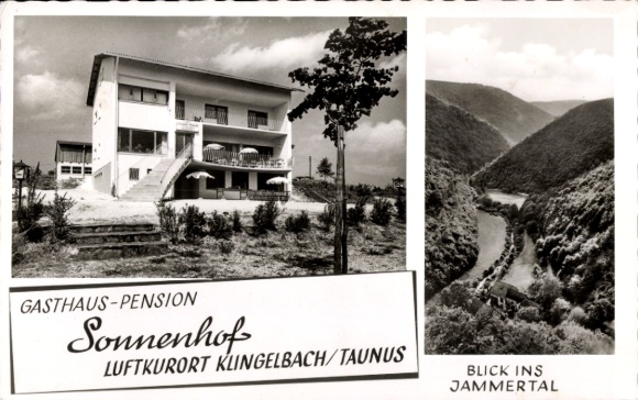 Postcard Klingelbach im Taunus, Gasthaus-Pension Sonnenhof, view of the Jammertal