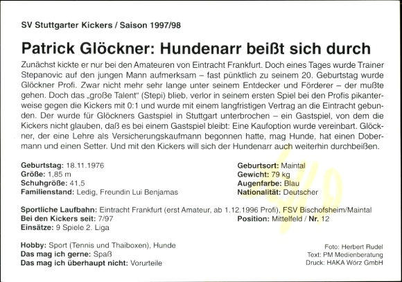 Karta autografu piłkarza Patricka Glöcknera, SV Stuttgarter Kickers, autograf