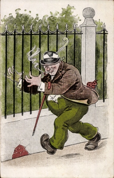 Artist Postcard Drunken man with cigar leaning against a fence