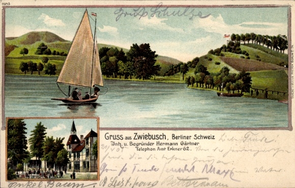 Chromo-Litho Zwiebusch Gosen Neu Zittau in Brandenburg, Berlin Switzerland, sailing boat
