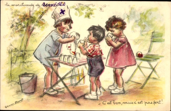 Artist Postcard Bouret, A young girl sells medicine to two boys. There are many on the table...