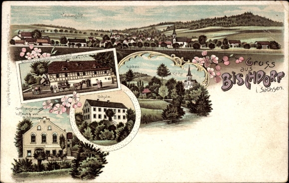 litho Bischdorf Rosenbach Oberlausitz, Panorama, Kerk, School, Herberg
