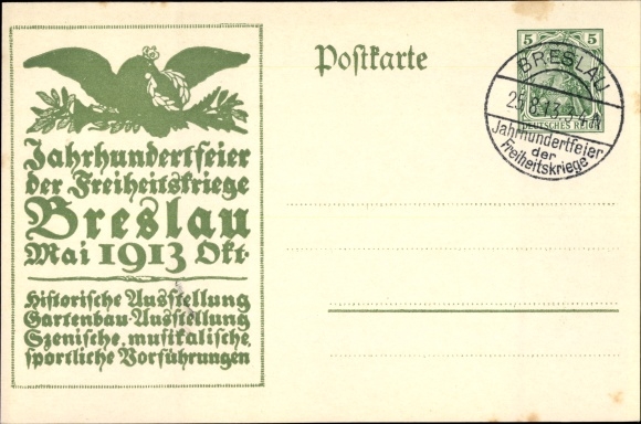 Briefpapier ansichtkaart Wrocław Breslau Silezië, eeuwfeest 1913, bevrijdingsoorlogen
