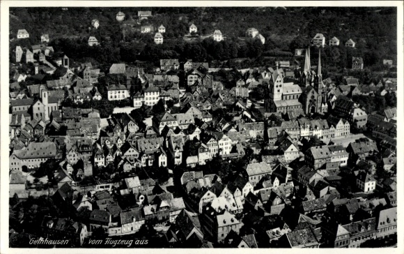 Postcard Gelnhausen in Hesse, aerial view of many houses, churches, town churches