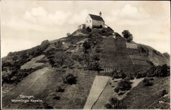 Ak Tübingen am Neckar, Wurmlinger Kapelle, Hügel, Felder, Bäume