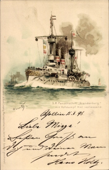 Kunstenaar litho Bohrdt, Hans, Duits oorlogsschip, SMS Brandenburg, Slagschip, Kiel