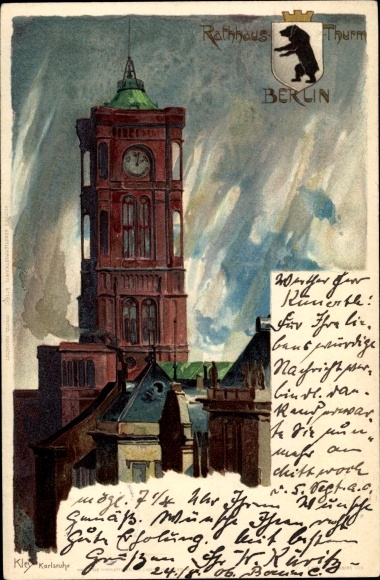 Artist Chromo-Litho Kley, H., Berlin, town hall tower, coat of arms