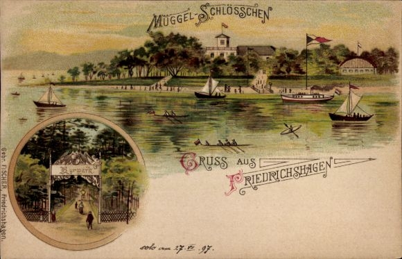 Chromo-Litho Berlin Köpenick Friedrichshagen, Restaurant Müggelschlösschen, entrance to the spa gardens