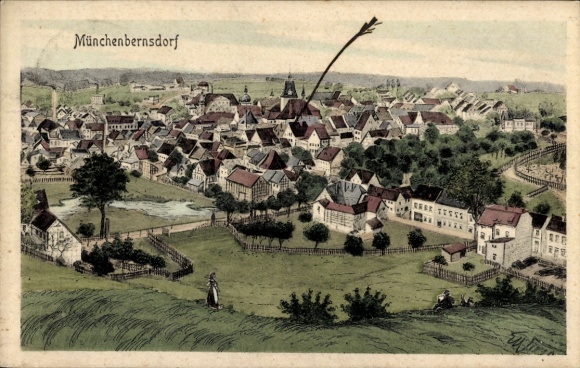 Artist Postcard Münchenbernsdorf in Thuringia, general view