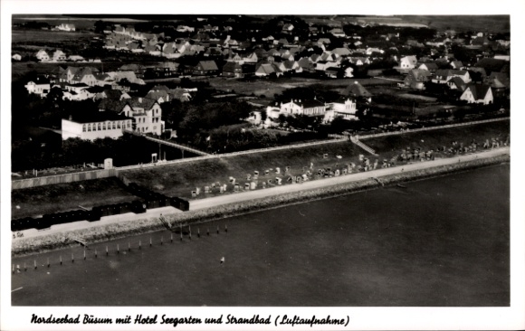 Postcard Nordseebad Büsum, aerial photograph, Hotel Seegarten, lido