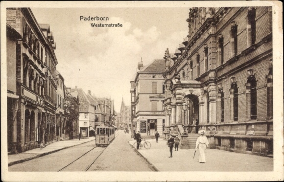 Postcard Paderborn in North Rhine Westphalia, Westernstraße, tram, passers-by