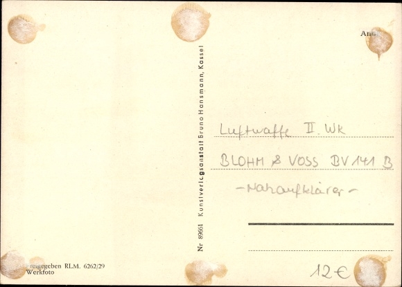 Postcard Deutsche Luftwaffe, close-up reconnaissance aircraft Blohm and Voss BV 141 B