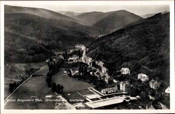 Postcard Bad Bergzabern on the Palatinate Wine Route, swimming pool, sports field, aerial photograph