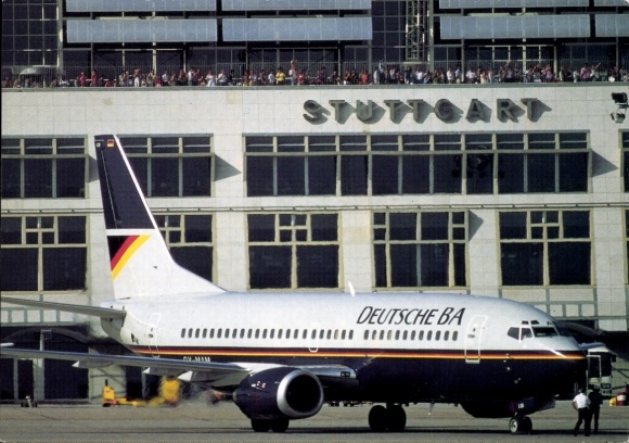 Postcard Leinfelden Echterdingen on the Fildern, Stuttgart Airport, Boeing 737 aircraft, Deutsche Ba