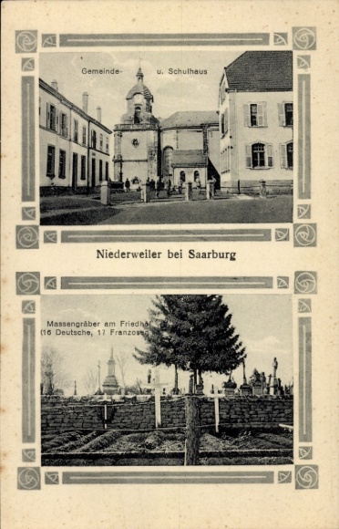 Postcard Niederweiler in the Hunsrück, community and school building, mass graves at the cemetery