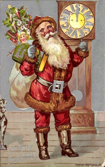 Ak Glückwunsch Weihnachten, Weihnachtsmann mit Geschenkesack, Standuhr