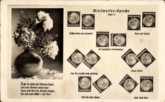Ak Briefmarkensprache, Blumenstrauß, Blumenvase