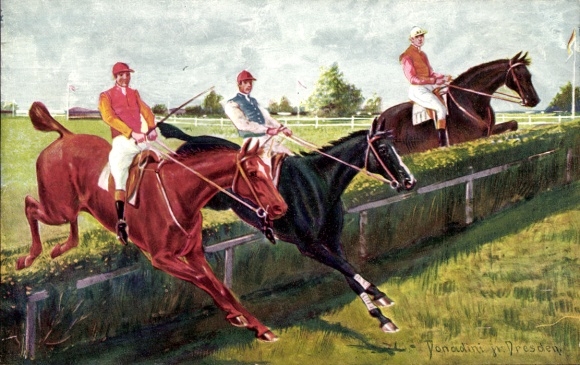 Kunstenaar Ak Donadini, paardenraces, springen over een hindernis