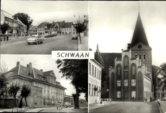 Postcard Schwaan in Mecklenburg, four-part view of building, church, street view, 1950s