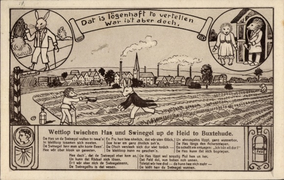 Postcard Buxtehude in Lower Saxony, illustration of race between hare and pig, funny text
