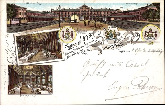 Litho Kassel in Hessen, Bahnhofswirtschaft am Hauptbahnhof, Friedrich Ritter, Wappen, Gleise, Züge