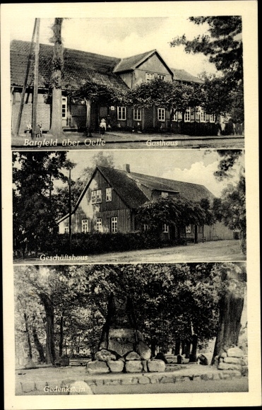 Postcard Bargfeld Stegen Schleswig Holstein, inn, commercial building, memorial stone