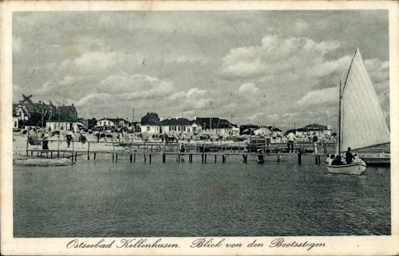 Postcard Ostseebad Kellenhusen in Holstein, Baltic Sea resort view from the jetties, sailing boat, harbor