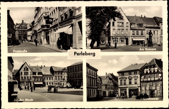 Postcard Perleberg, Poststraße, Rathaus, Großer Markt, Schuhmarkt
