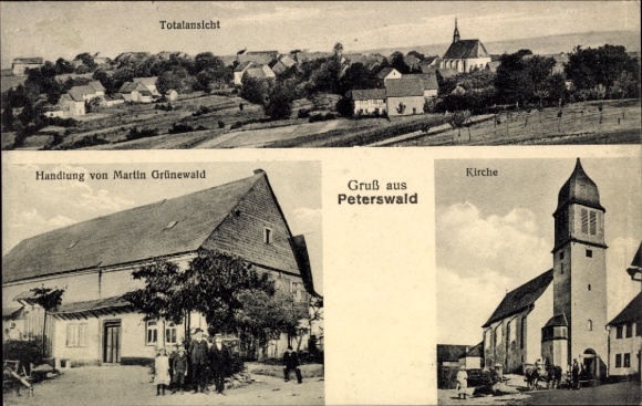 Ak Peterswald Löffelscheid in de Hunsrück, algemeen beeld, kerk, bedrijfsgebouw Martin Grünewald