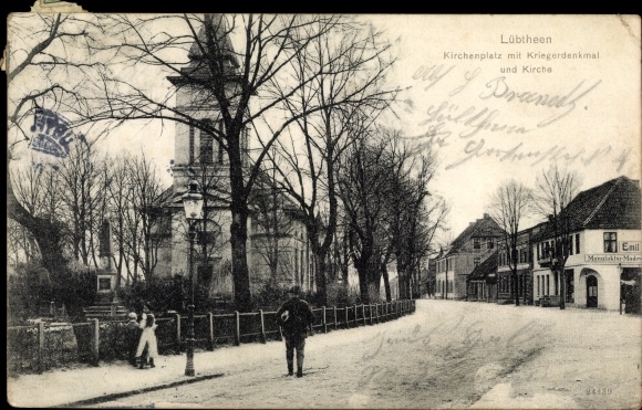 Postcard Lübtheen in Mecklenburg, church square, war memorial, church