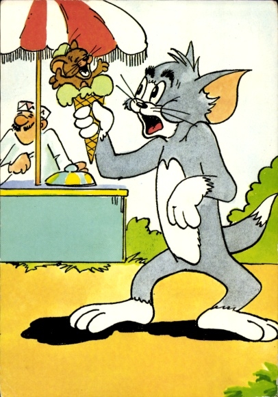 Postcard Tom and Jerry, ice cream seller, ice cream cone