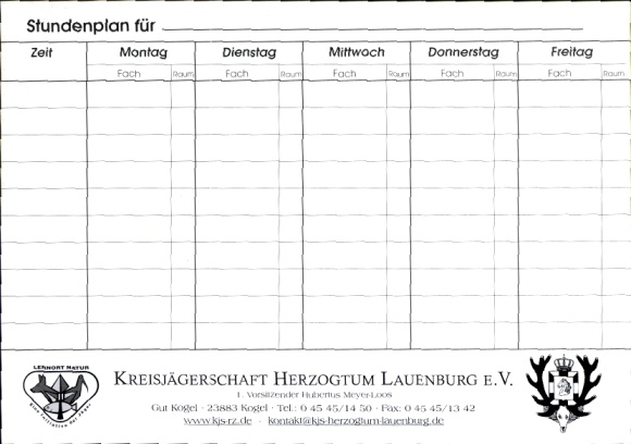Timetable for the district hunters&#39; association, Herzogtum-Lauenburg eV, rabbit, badger, fox around 1990