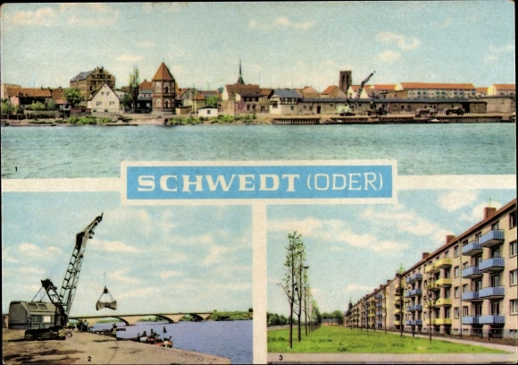 Postcard Schwedt on the Oder, city bridge, Leninallee, settlement
